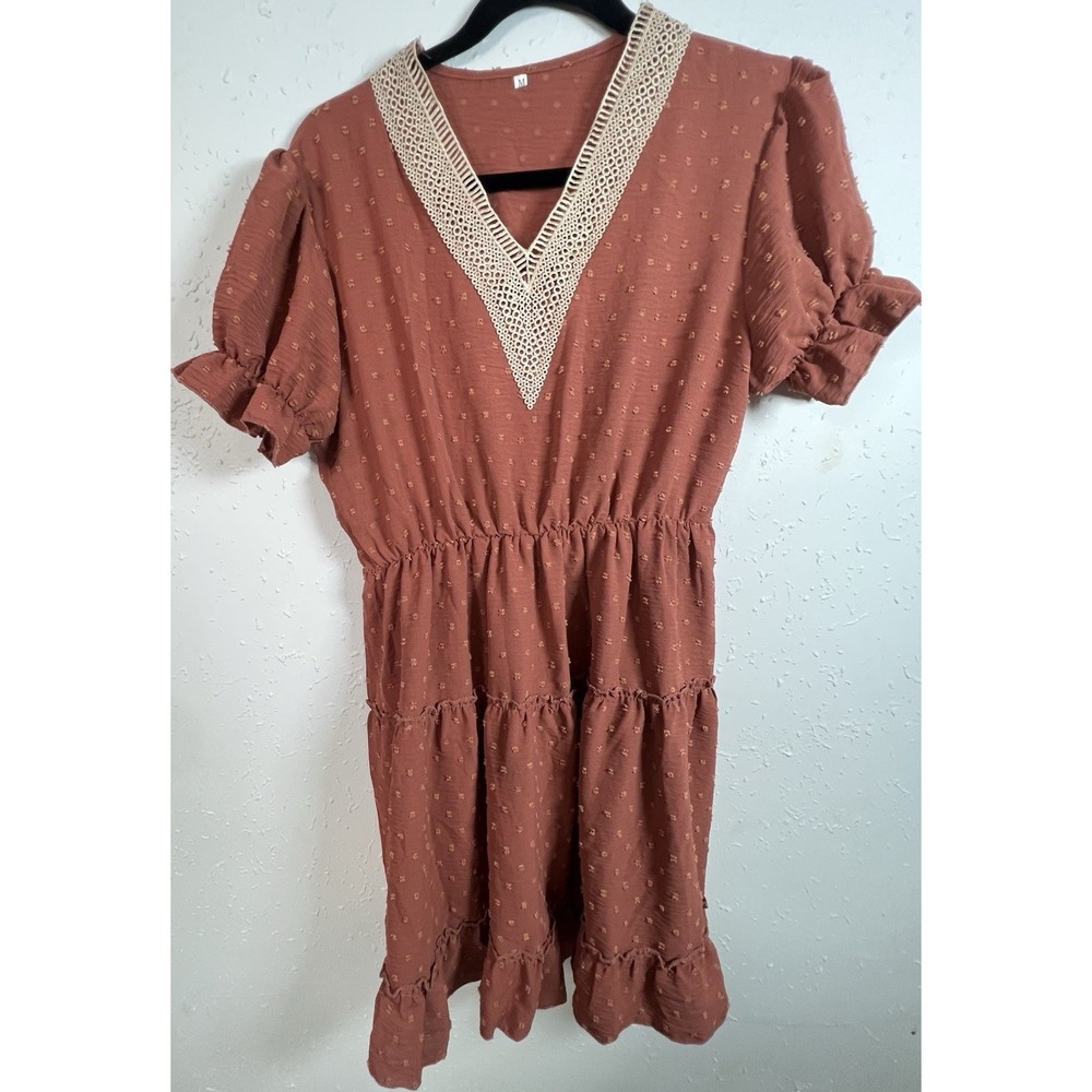 Women's Rust Polka Dot V-Neck Lace Ruffle Smocked A-Line Dress Size M